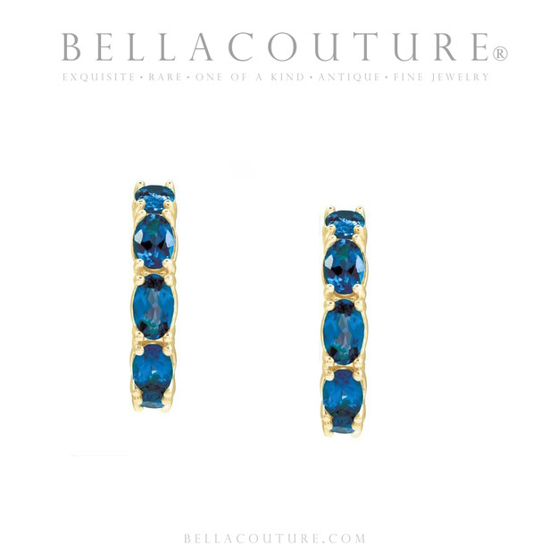 (NEW) BELLA COUTURE® GABRIELLE SAPPHIRE 14K YELLOW GOLD POST HOOP EARRINGS (6.5MM x 4MM)
