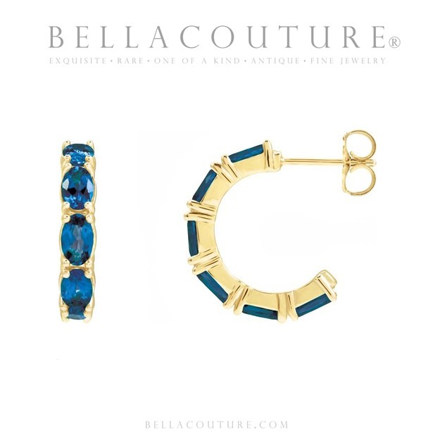 (NEW) BELLA COUTURE® GABRIELLE SAPPHIRE 14K YELLOW GOLD POST HOOP EARRINGS (6.5MM x 4MM)