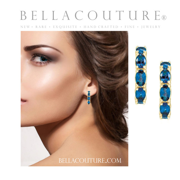 (NEW) BELLA COUTURE® GABRIELLE SAPPHIRE 14K YELLOW GOLD POST HOOP EARRINGS (6.5MM x 4MM)