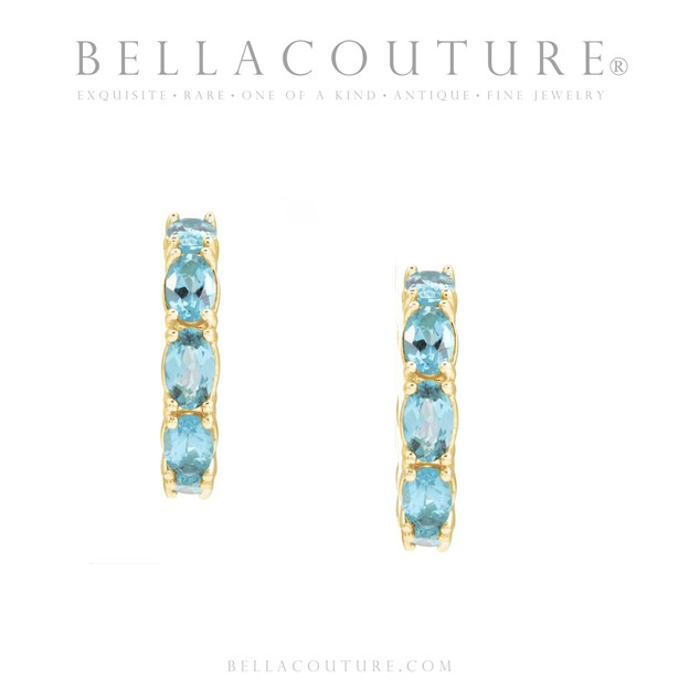 (NEW) BELLA COUTURE® GABRIELLE NATURAL AQUAMARINE 14K YELLOW GOLD POST HOOP EARRINGS (6.5MM x 4MM)