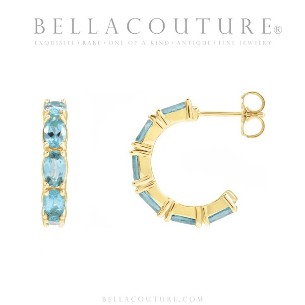 (NEW) BELLA COUTURE® GABRIELLE NATURAL AQUAMARINE 14K YELLOW GOLD POST HOOP EARRINGS (6.5MM x 4MM)