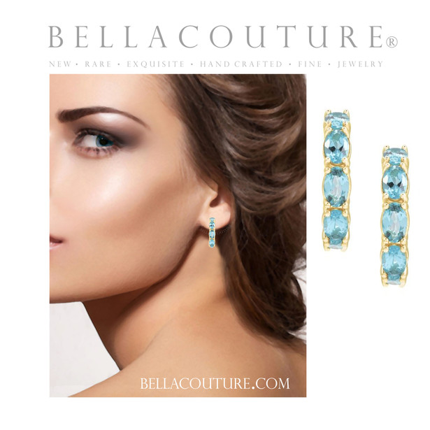 (NEW) BELLA COUTURE® GABRIELLE NATURAL AQUAMARINE 14K YELLOW GOLD POST HOOP EARRINGS (6.5MM x 4MM)