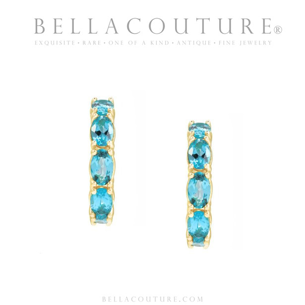 (NEW) BELLA COUTURE® GABRIELLE NATURAL BLUE ZIRCON 14K YELLOW GOLD POST HOOP EARRINGS (6.5MM x 4MM)