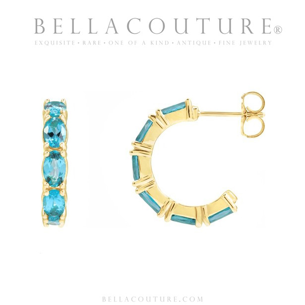 (NEW) BELLA COUTURE® GABRIELLE NATURAL BLUE ZIRCON 14K YELLOW GOLD POST HOOP EARRINGS (6.5MM x 4MM)