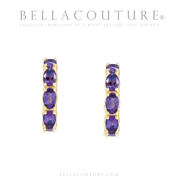 (NEW) BELLA COUTURE® GABRIELLE NATURAL AMETHYST 14K YELLOW GOLD POST HOOP EARRINGS (6.5MM x 4MM)