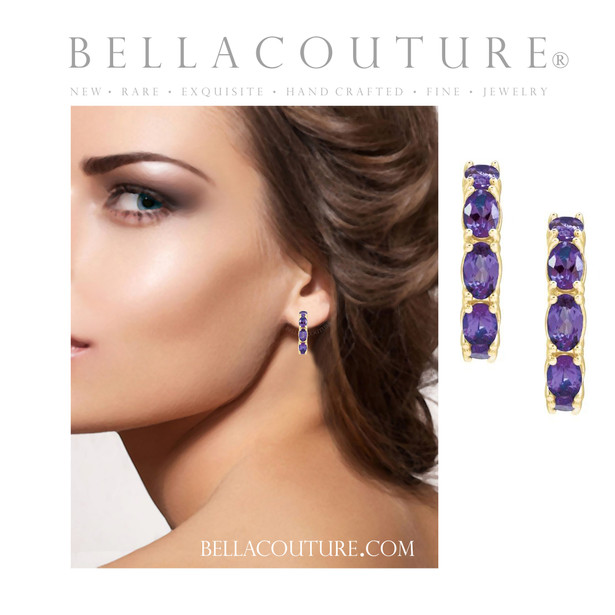 (NEW) BELLA COUTURE® GABRIELLE NATURAL AMETHYST 14K YELLOW GOLD POST HOOP EARRINGS (6.5MM x 4MM)