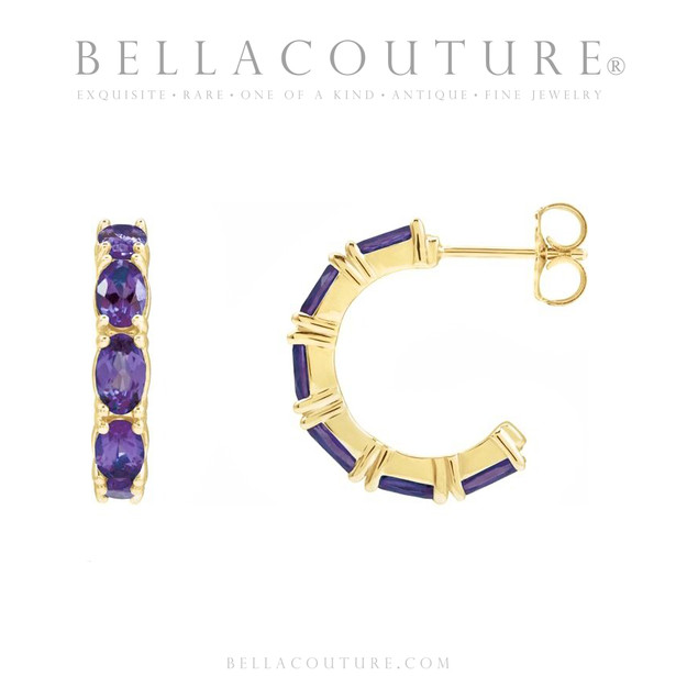 (NEW) BELLA COUTURE® GABRIELLE NATURAL AMETHYST 14K YELLOW GOLD POST HOOP EARRINGS (6.5MM x 4MM)