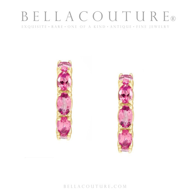 (NEW) BELLA COUTURE® GABRIELLE NATURAL PINK TOURMALINE 14K YELLOW GOLD POST HOOP EARRINGS (6.5MM x 4MM)