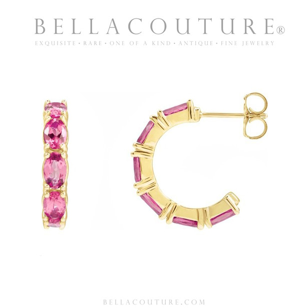 (NEW) BELLA COUTURE® GABRIELLE NATURAL PINK TOURMALINE 14K YELLOW GOLD POST HOOP EARRINGS (6.5MM x 4MM)