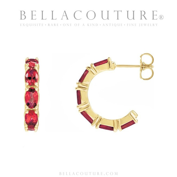 (NEW) BELLA COUTURE® GABRIELLE RUBY 14K YELLOW GOLD POST HOOP EARRINGS (6.5MM x 4MM)