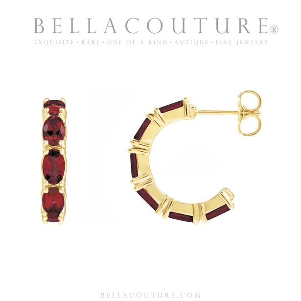 (NEW) BELLA COUTURE® GABRIELLE NATURAL GARNET 14K YELLOW GOLD POST HOOP EARRINGS (6.5MM x 4MM)