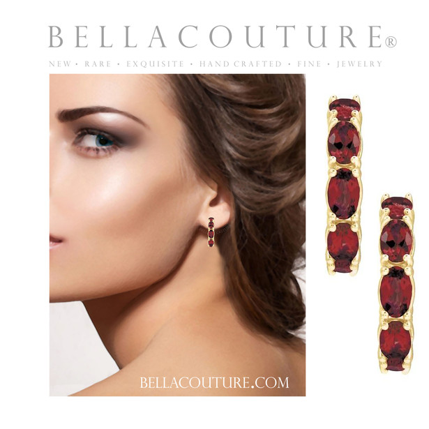(NEW) BELLA COUTURE® GABRIELLE NATURAL GARNET 14K YELLOW GOLD POST HOOP EARRINGS (6.5MM x 4MM)