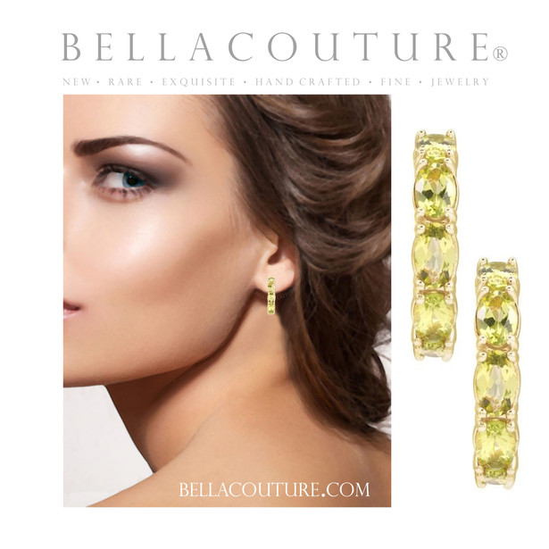 (NEW) BELLA COUTURE® GABRIELLE NATURAL PERIDOT 14K YELLOW GOLD POST HOOP EARRINGS (6.5MM x 4MM)