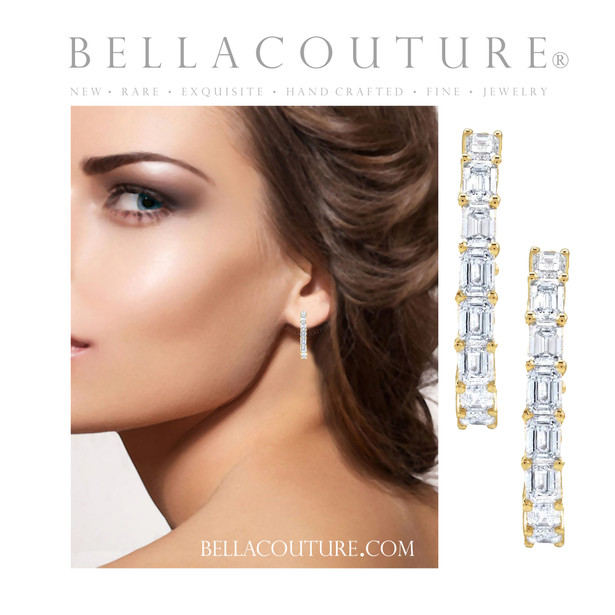 (NEW) BELLA COUTURE® RAQUEL 3CT DIAMOND BAGUETTE 14K YELLOW GOLD POST HOOP HUGGIE EARRINGS (22MM)