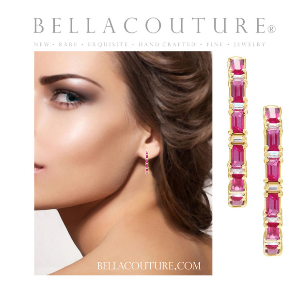 (NEW) BELLA COUTURE® DE' CHANEL NATURAL DIAMOND 1 & 1/4 CT RUBY BAGUETTE 14K YELLOW GOLD POST HOOP HUGGIE EARRINGS (22MM)