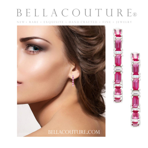 (NEW) BELLA COUTURE® DE' CHANEL NATURAL DIAMOND 1 & 1/4 CT RUBY BAGUETTE 14K WHITE GOLD POST HOOP HUGGIE EARRINGS (22MM)