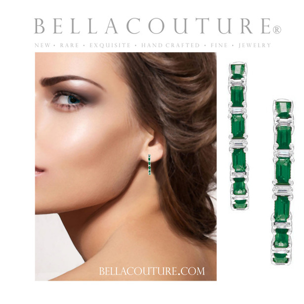 (NEW) BELLA COUTURE® DE' CHANEL NATURAL DIAMOND 1 & 1/4 CT EMERALD BAGUETTE 14K WHITE GOLD POST HOOP HUGGIE EARRINGS (22MM)