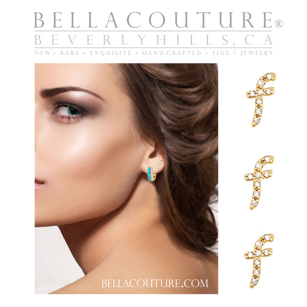(NEW) BELLA COUTURE ® PALTROW Petite Initial Letter (a) Diamond 14K Yellow Gold Lowercase Italic Cursive Large Alphabet Stud Earring (1PC) (6MM)
