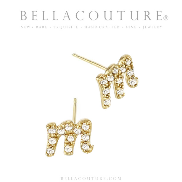 (NEW) BELLA COUTURE ® PALTROW Petite & Dainty Initial Letter (n) Diamond 14K Yellow Gold Lowercase Italic Cursive Large Alphabet Stud Earring (1PC) (6MM)