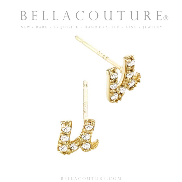 (NEW) BELLA COUTURE ® PALTROW Petite & Dainty Initial Letter (u) Diamond 14K Yellow Gold Lowercase Italic Cursive Large Alphabet Stud Earring (1PC) (6MM)