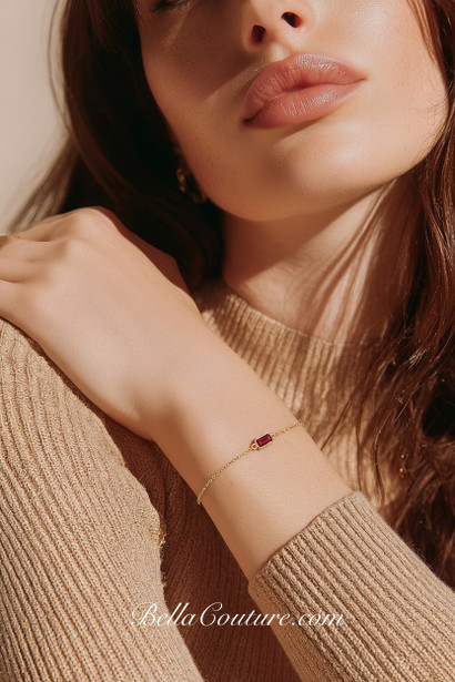 (NEW) BELLA COUTURE® EDEN EMERALD CUT NATURAL GARNET 5MM 14K YELLOW GOLD BRACELET (7.5" - 7" - 6.5" Adjustable)