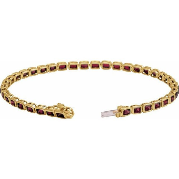 (NEW) BELLA COUTURE® ASHLEY 5CT GARNET BAGUETTE 14K YELLOW GOLD LINE TENNIS BRACELET (7")