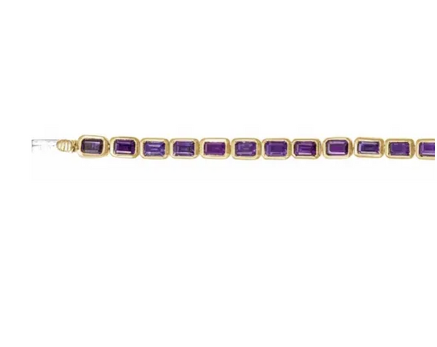 (NEW) BELLA COUTURE® ASHLEY 5CT AMETHYST BAGUETTE 14K YELLOW GOLD LINE TENNIS BRACELET (7")