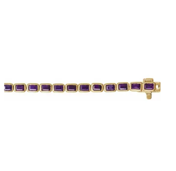 (NEW) BELLA COUTURE® ASHLEY 5CT AMETHYST BAGUETTE 14K YELLOW GOLD LINE TENNIS BRACELET (7")