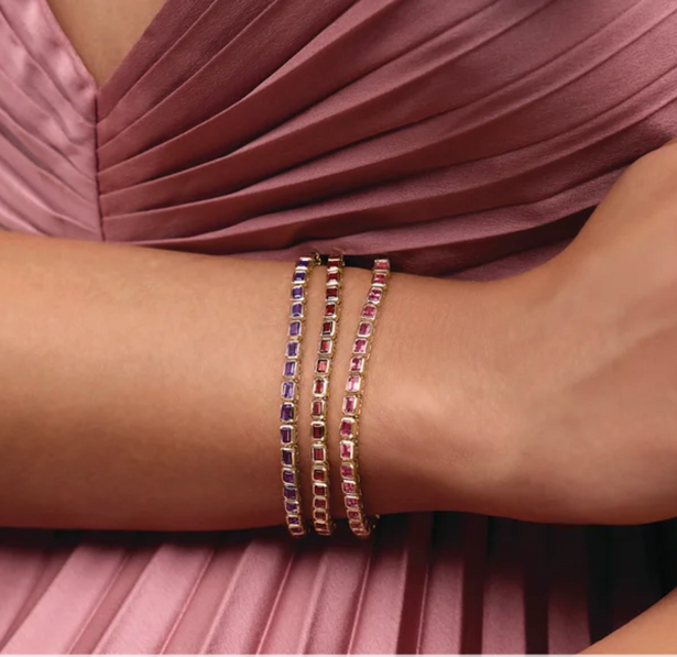 (NEW) BELLA COUTURE® ASHLEY 5CT AMETHYST BAGUETTE 14K YELLOW GOLD LINE TENNIS BRACELET (7")