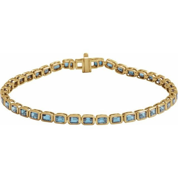 (NEW) BELLA COUTURE® ASHLEY 5CT SKY BLUE TOPAZ BAGUETTE 14K YELLOW GOLD LINE TENNIS BRACELET (7")