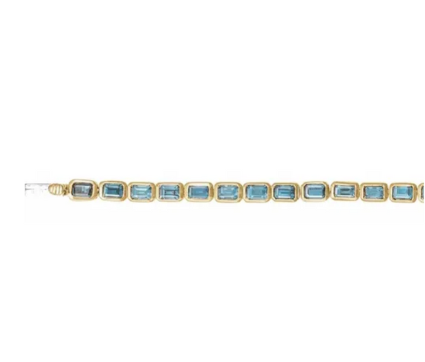 (NEW) BELLA COUTURE® ASHLEY 5CT SKY BLUE TOPAZ BAGUETTE 14K YELLOW GOLD LINE TENNIS BRACELET (7")