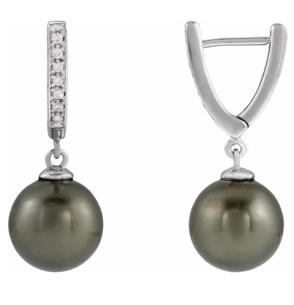 (NEW) BELLA COUTURE® BLAIRE GRAY TAHITIAN PEARL DIAMOND 14K WHITE GOLD HUGGIE EARRINGS (11MM)