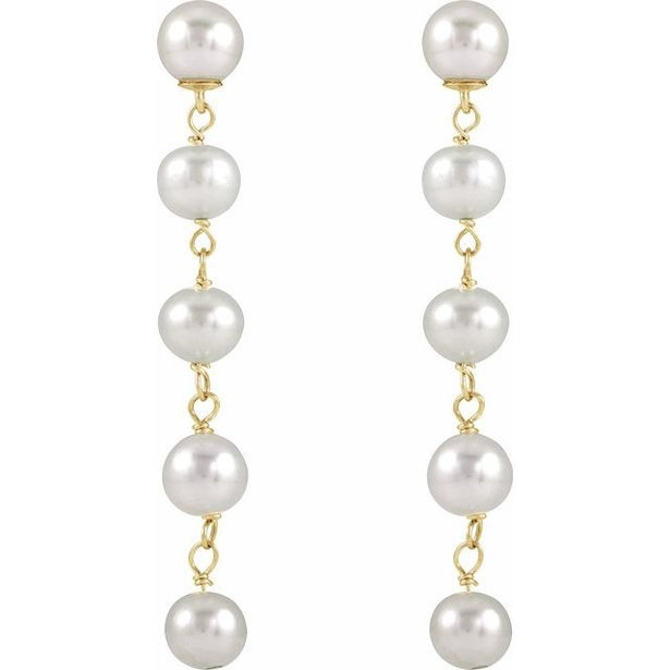 (NEW) BELLA COUTURE® VIVI ANNA WHITE CULTURED FRESHWATER PEARL 14K YELLOW GOLD DANGLE DROP POST CHANDELIER EARRINGS (5-6MM)