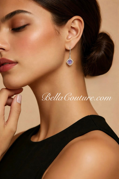 (NEW) BELLA COUTURE® FRENCHIE Round Natural Tanzanite Diamond 14K White Gold Dangle Drop Earrings