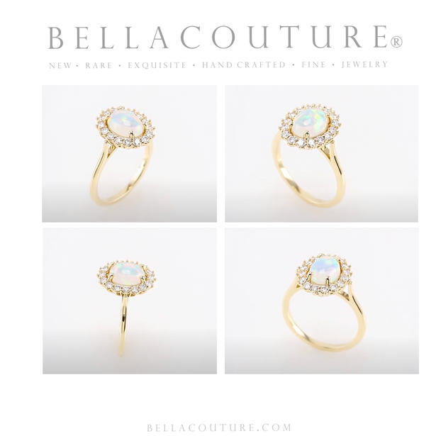 (NEW) BELLA COUTURE PICASSO Natural Opal Cabochon Diamond 14K Yellow Gold Ring