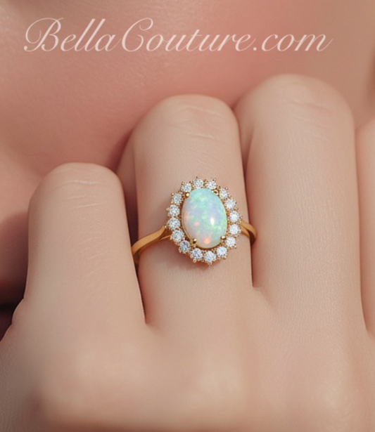 (NEW) BELLA COUTURE PICASSO Natural Opal Cabochon Diamond 14K Yellow Gold Ring
