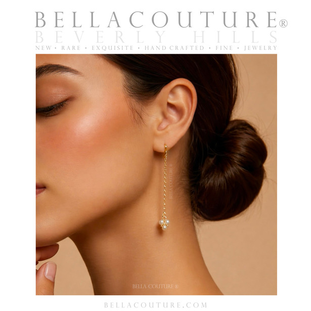 (NEW) BELLA COUTURE® CASHMERE DAINTY WHITE SEED PEARL 14K YELLOW GOLD DANGLE DROP POST CHANDELIER EARRINGS (2")