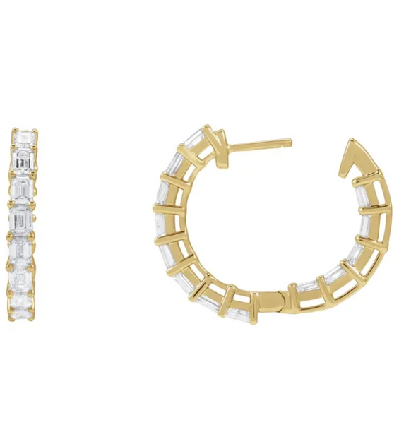 (NEW) BELLA COUTURE® BRIE 3CT DIAMOND BAGUETTE 14K YELLOW GOLD POST HOOP HUGGIE EARRINGS (22MM)