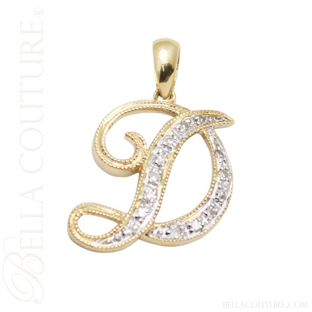 (NEW) BELLA COUTURE ® BRISTOL Initial Letter (D) Diamond 14K Yellow Gold Italic Cursive Large Alphabet Charm Pendant Jewelry (15MM x 14MM)