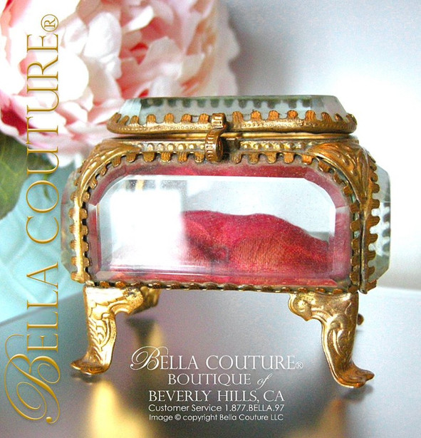 SOLD! - (ANTIQUE) Victorian French Ormolu Beveled Glass Vitrine Jewelry Curio Red Silk Casket Box