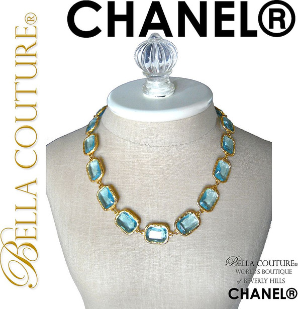 SOLD! - (VINTAGE) AUTHENTIC Haute Couture CHANEL Paris Faceted Aquamarine Blue Cushion Cut Crystal Adjustable Length Detachable CC Pendant Enhancer Charm Collier Necklace