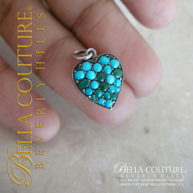 SOLD! - (ANTIQUE) Rare Georgian Victorian Sterling Silver Gilt Pave Turquoise Heart c.1790 - 1840 Charm Pendant