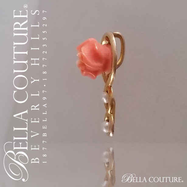 SOLD! - (ANTIQUE) Rare Georgian Victorian Gorgeous Petite Coral Carved Rose Flower Dainty White Seed Pearl 14K Yellow Gold Necklace Charm Pendant - Fine Jewelry (One of a Kind)
