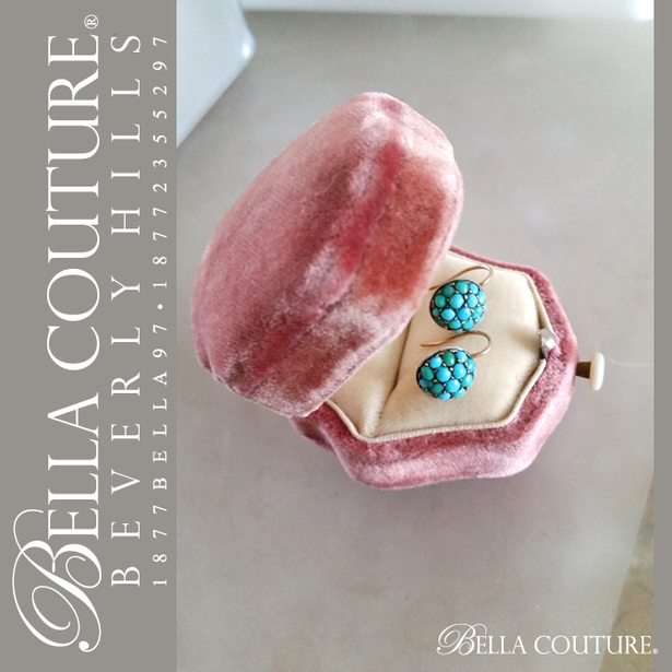 SALE PENDING! - (ANTIQUE) Rare Gorgeous Georgian Victorian Fine Pave Petite Natural Turquoise 18K Rose Gold Floral Earrings