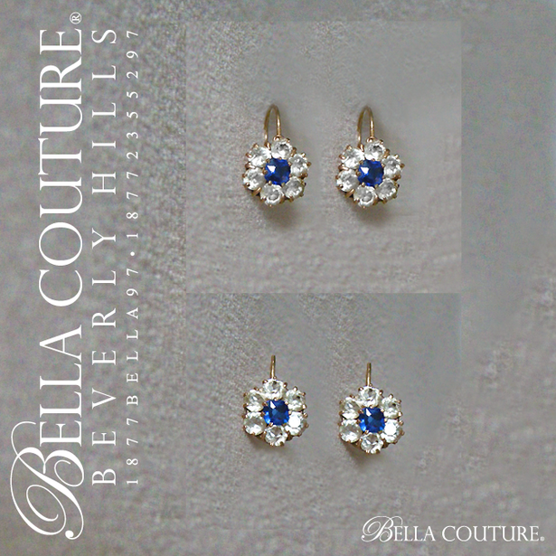 SALE PENDING! - (ANTIQUE) RARE Gorgeous French 18K 18CT Yellow Gold White & Blue Sapphire Paste Georgian Victorian Floral Flower Earrings - Fine Jewelry Jewellery