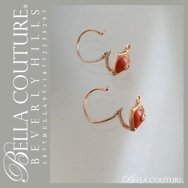 SOLD! - (ANTIQUE) RARE Gorgeous French 14K 14CT Yellow Gold Dainty Carved Coral Heart Charm Natural Gemstone White Seed Pearl Dangle Drop Earrings - One of a Kind - Fine Jewelry Jewellery