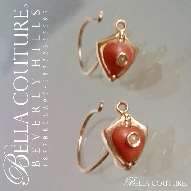 SOLD! - (ANTIQUE) RARE Gorgeous French 14K 14CT Yellow Gold Dainty Carved Coral Heart Charm Natural Gemstone White Seed Pearl Dangle Drop Earrings - One of a Kind - Fine Jewelry Jewellery