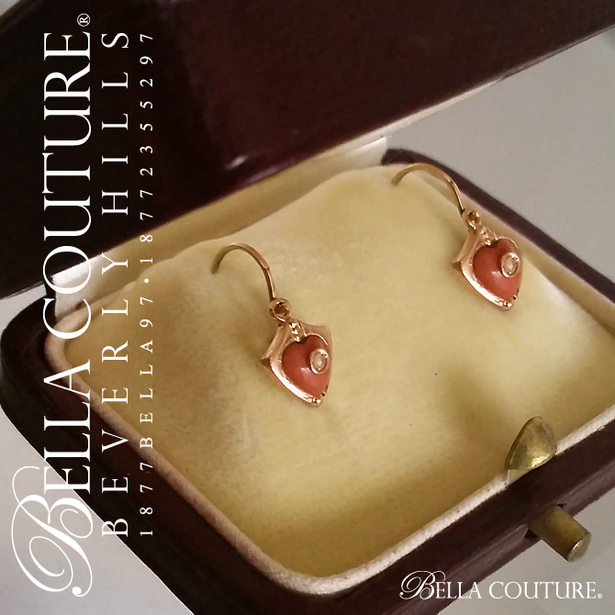 SOLD! - (ANTIQUE) RARE Gorgeous French 14K 14CT Yellow Gold Dainty Carved Coral Heart Charm Natural Gemstone White Seed Pearl Dangle Drop Earrings - One of a Kind - Fine Jewelry Jewellery