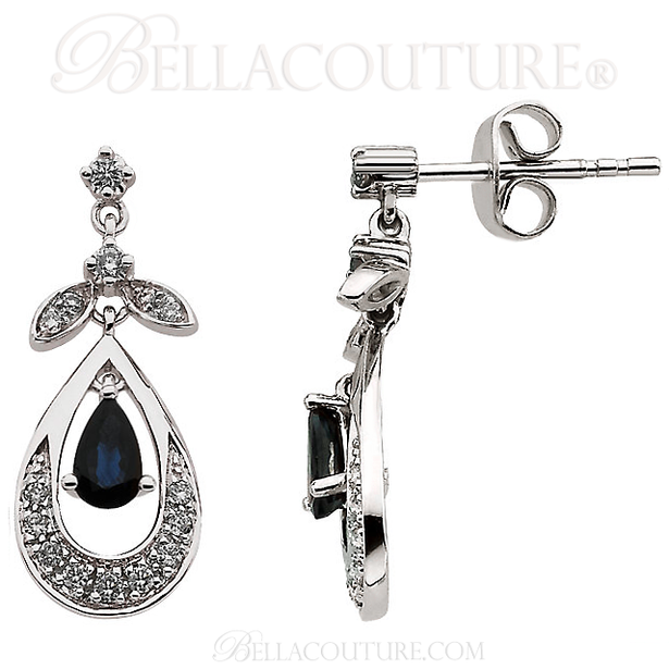 SOLD OUT! (NEW) BELLA COUTURE ® FINE 1/4 CT DIAMOND GENUINE SAPPHIRE DANGLE DROP EARRINGS in 14K White Gold