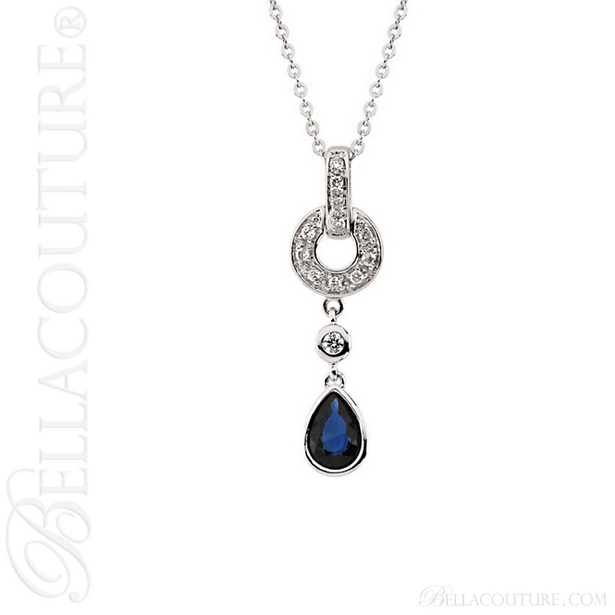 (NEW) BELLA COUTURE TORA FINE DIAMOND GENUINE SAPPHIRE 14K WHITE GOLD DANGLE DROP PENDANT NECKLACE (18" Inches in Length)